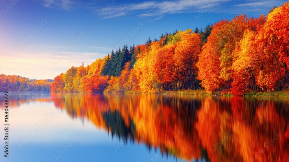 Fototapeta premium Vibrant autumn landscape with colorful trees reflecting in a serene lake under a clear blue sky
