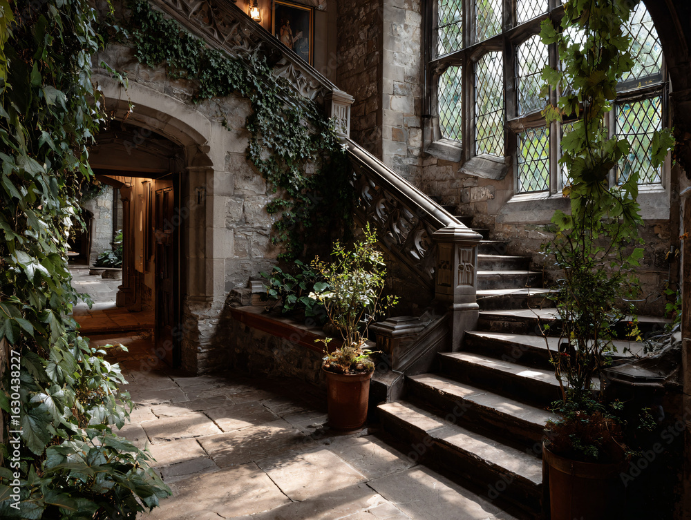 Fototapeta premium Visitors exploring a rarely opened historical manor during Heritage Open Days in England, intricate Victorian architecture, ivy-covered stone walls, elegant old staircases