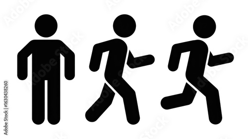 A simple black and white illustration showing three stick figure silhouettes of people in different states of movement. Transparent background.