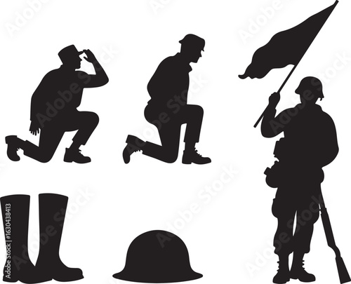 Silhouette soldiers kneeling with flag, helmet, and boots for war themes