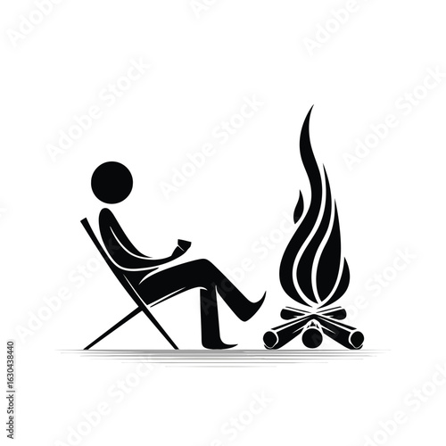 Vector illustration of a stick figure relaxing by a campfire at night enjoying the warmth and peacefulness of the outdoors