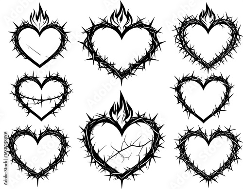 Collection of stylized heart shapes framed by thorns, some with flames