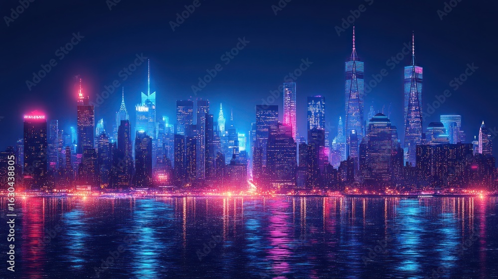 Fototapeta premium Futuristic city skyline at night, vibrant neon lights reflecting on water