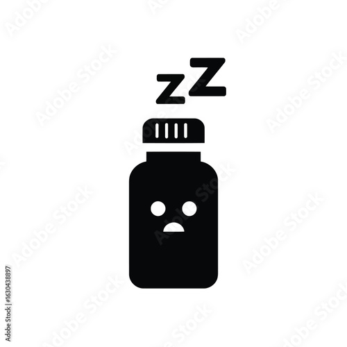 Vector illustration of a sleepy medicine bottle with a sad face and zzzs floating above it representing tiredness