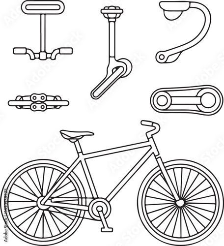 Bicycle Parts Outline Icons Handlebar, Pedals, Chain, Saddle, Frame, Spokes, and Tire