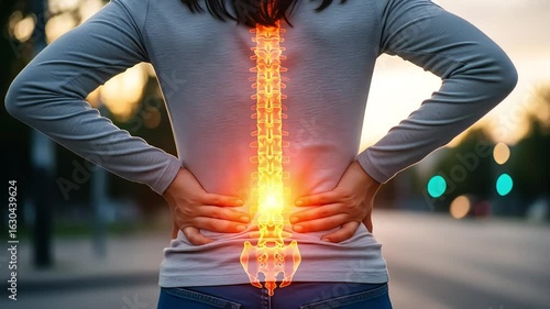 Rear View of Woman Holding Lower Back with Overlay of Spine Illustration Emphasizing Pain and Injury on Street at Sunset