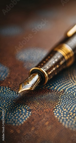 Close-up of a fountain pen nib resting on a patterned surface.  The nib is gold-toned, and the pen's body is dark brown.  Intricate details on the nib and background pattern are visible