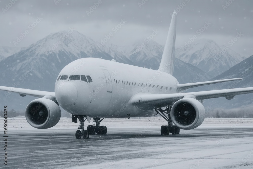 Fototapeta premium Amidst a snowy backdrop, a solitary commercial airliner awaits its next journey