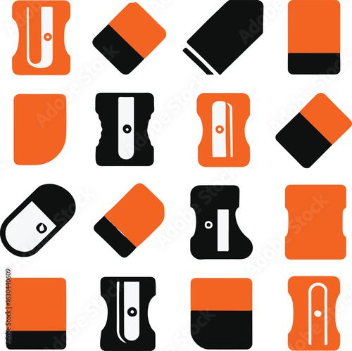 Colorful and bold vector icons of sharpeners and stationery tools in red, black, and orange. Perfect for school or office-related designs.