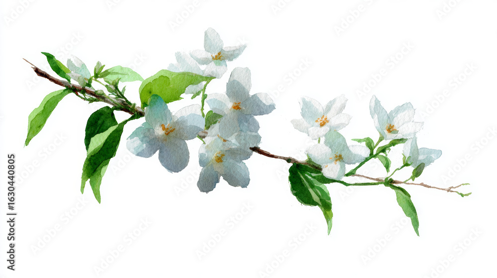 Obraz premium Watercolor painting of jasmine branch, isolated on a white background, jasmine vector, drawing clipart, Illustration Vector, Graphic Painting, design art, logo