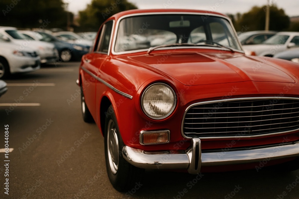 Obraz premium A classic red car stands out in a bustling parking lot