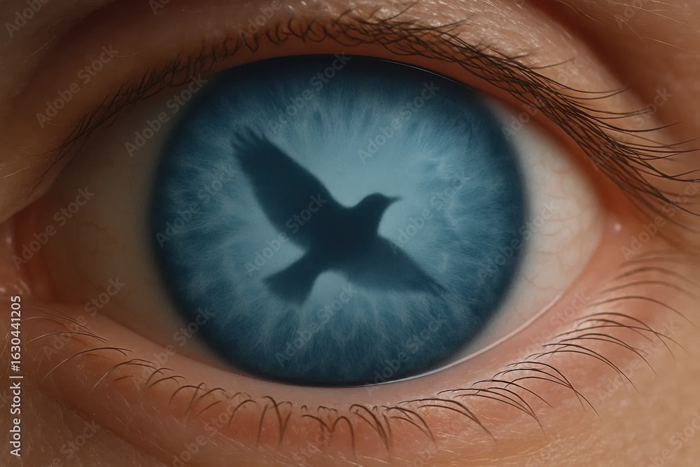Naklejka premium A bird of tranquility perched on a human eye, gazing into the depths of consciousness