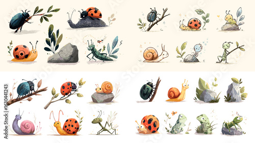 Cute cartoon insects and snails with natural elements like branches and rocks in soft watercolor style. Ideal for nature-themed books, planners, and educational designs.

