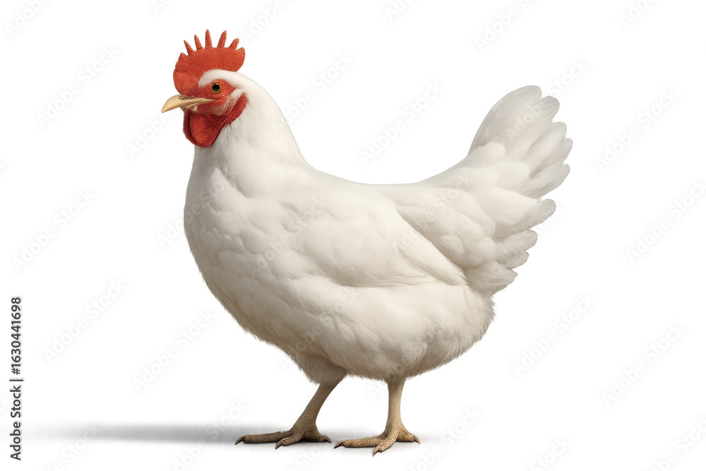White hen standing on transparent background, poultry farming concept White hen standing on transparent background, poultry farming concept