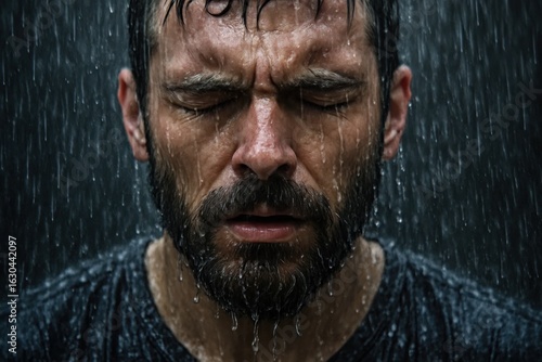 Under the relentless rain, a man finds solace in the storm