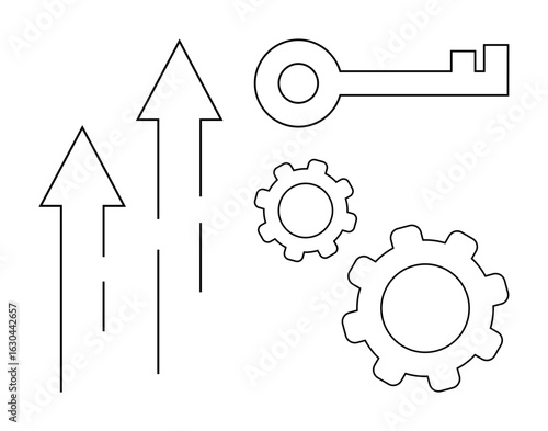 Three upward arrows, two gears, and a key symbolize growth, innovation, and strategic success. Ideal for teamwork, leadership, business strategy, industry productivity achievement simple landing