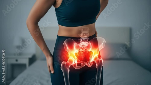 Woman Experiencing Hip Pain With Overlayed Skeletal Image In Neutral Room With Teal Sports Bra And Black Leggings