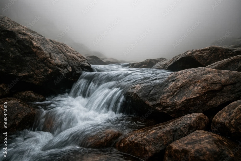 Obraz premium A serene river meanders through a foggy landscape, its waters flowing over moss-covered rocks