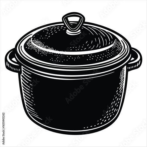 Black and white illustration of a lidded cooking pot with handles on a white background lidded pot