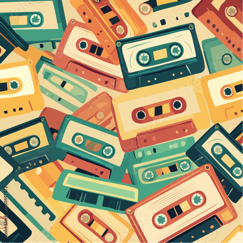 A vibrant, retro-style illustration of many overlapping audio cassette tapes creating a colorful background pattern.