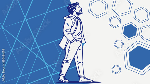 Man in jacket walking with geometric hexagons and lines in a blue and white modern design created with generated ai