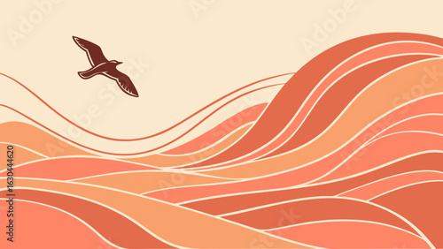 A seagull flying over stylized orange waves with a light yellow background in a simple illustration created with generated ai