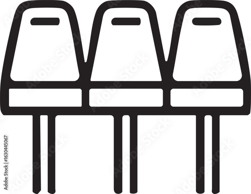 Three black simple line art chairs in a row on white background