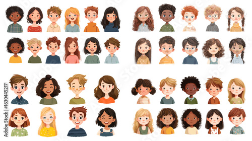 Flat cartoon-style avatars of teens and young adults with various hairstyles, skin tones, and outfits. Suitable for profile icons, UI, educational, and community visuals.

