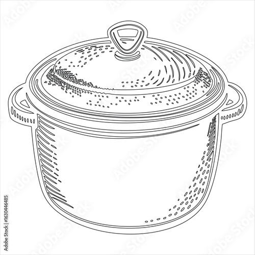 Black and White Outline Drawing of a Round Cooking Pot with Lid and Handles kitchen cookware