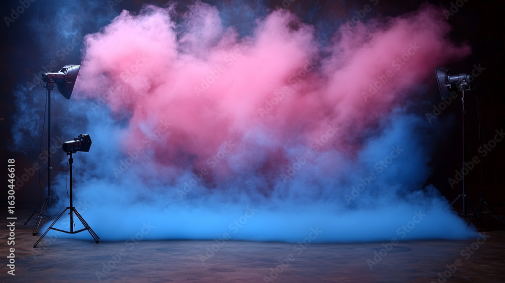 Obraz premium Colorful smoke fills a studio space, with pink and blue hues blending together, illuminated by professional lighting equipment creating a vibrant atmosphere for photography