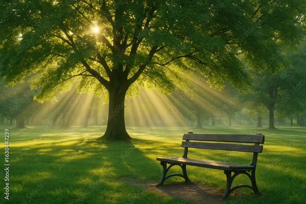 A solitary bench under the radiant embrace of a sun-drenched tree in a serene park A solitary bench under the radiant embrace of a sun-drenched tree in a serene park