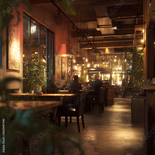 Cozy and Elegant Restaurant Interior with Ambient Lighting and Warmth