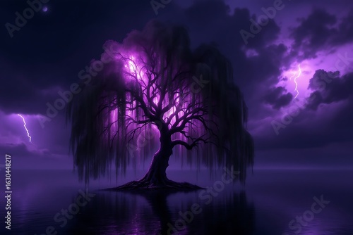 Glowing purple willow tree in stormy night with lightning strikes image