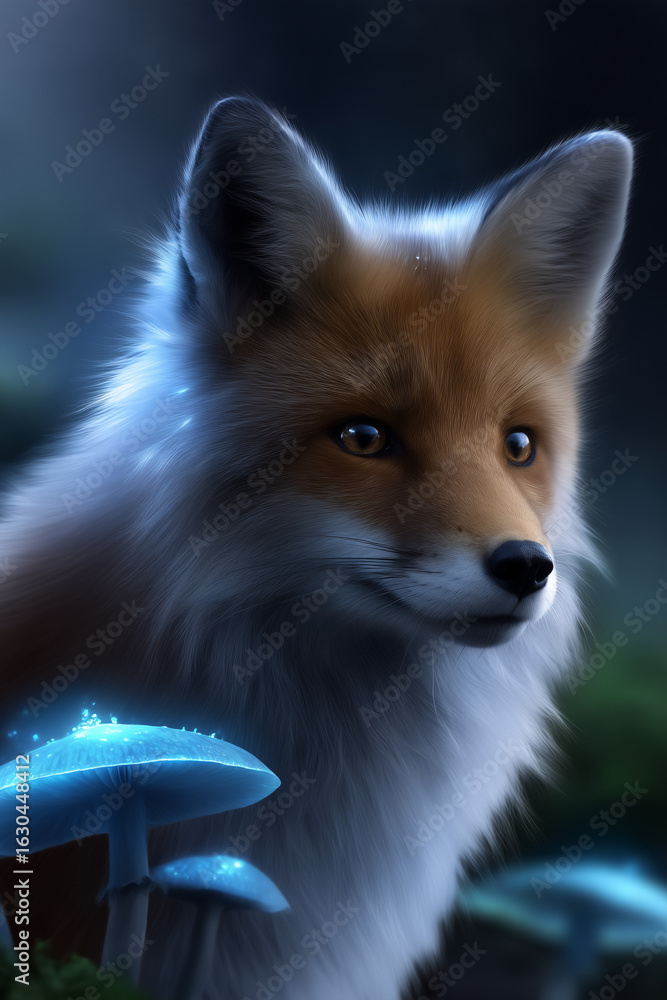 Fototapeta premium Vivid Portrait of Red Fox with Blue Iridescence