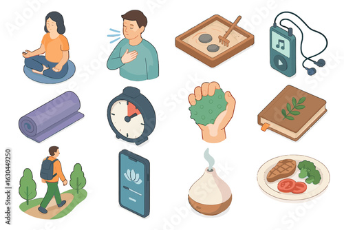 Music icon mindfulness vector eating journal icons nature breathing meditation isometric gratitude
