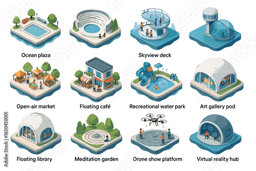Icon skyview recreational gallery meditation city café amphitheater pod show floating icons