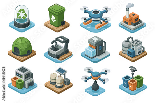 Dome city bin eco vector icon smart transfer trash network incinerator ocean