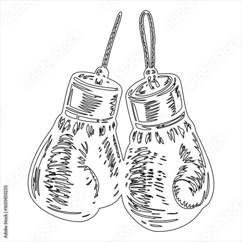 Hand Drawn Outline Sketch of Two Boxing Gloves Hanging Together sport fight