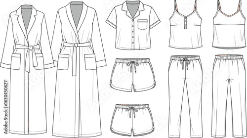 cad drawing flat vector illustration, sleepwear fashion template, loungewear technical sketch, robe shirt shorts pants top design set