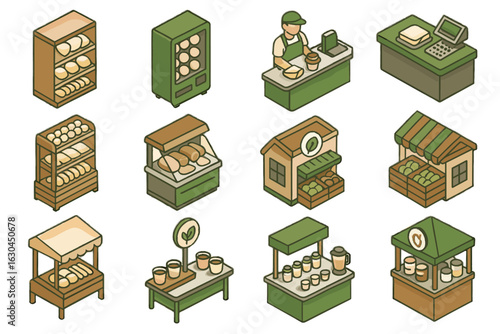 Vector farmers kiosk food drink pods shelf icons packaging checkout icon edible