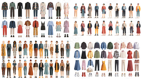 Flat vector set of modern casual clothing outfits for men and women. Includes tops, bottoms, and shoes, perfect for fashion lookbooks, e-commerce, or digital styling.

