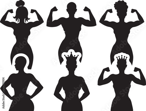 Strong women silhouettes flexing muscles, empowerment concept graphic art