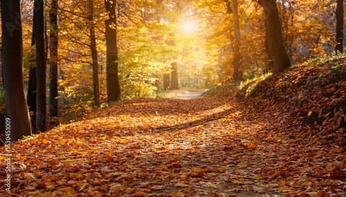 a forest path covered with golden leaves bathed in soft sunlight creating a peaceful autumn atmosphere in nature