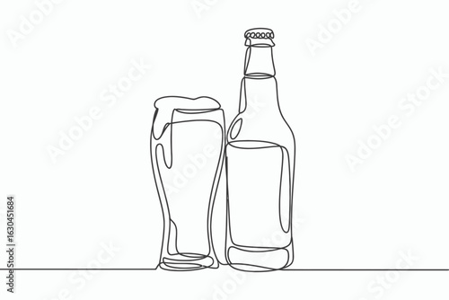 Continuous line drawing of beer bottle and glass isolated on white background