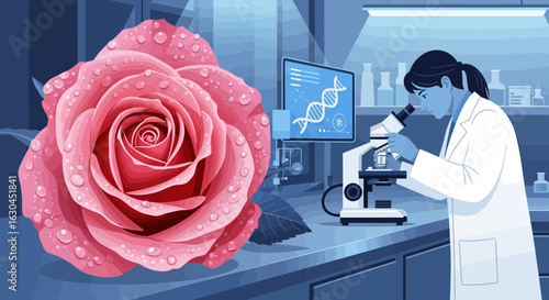 Genetic engineering of roses: scientist examines floral dna with a microscope