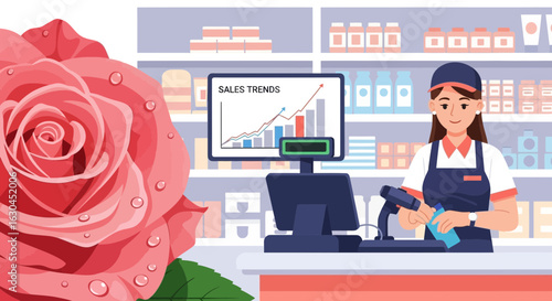 Cartoon illustration of a cashier scanning items with rising sales trends display for business
