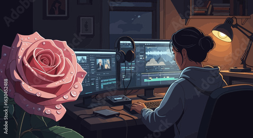 Woman working at night with a pink rose by her side a moment of relaxation amidst work