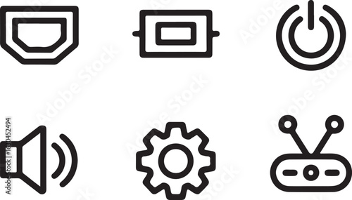 TV Front Interfaces and Features Icon Pack HDMI, USB Port, Power Button, Volume Icon, Settings Gear, and Smart Hub