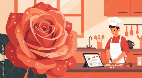 A cozy kitchen scene featuring a chef, rose and tablet for cooking inspiration