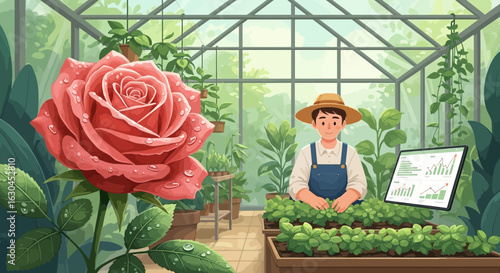 Digital age gardener managing plants with technology and rose in greenhouse illustration